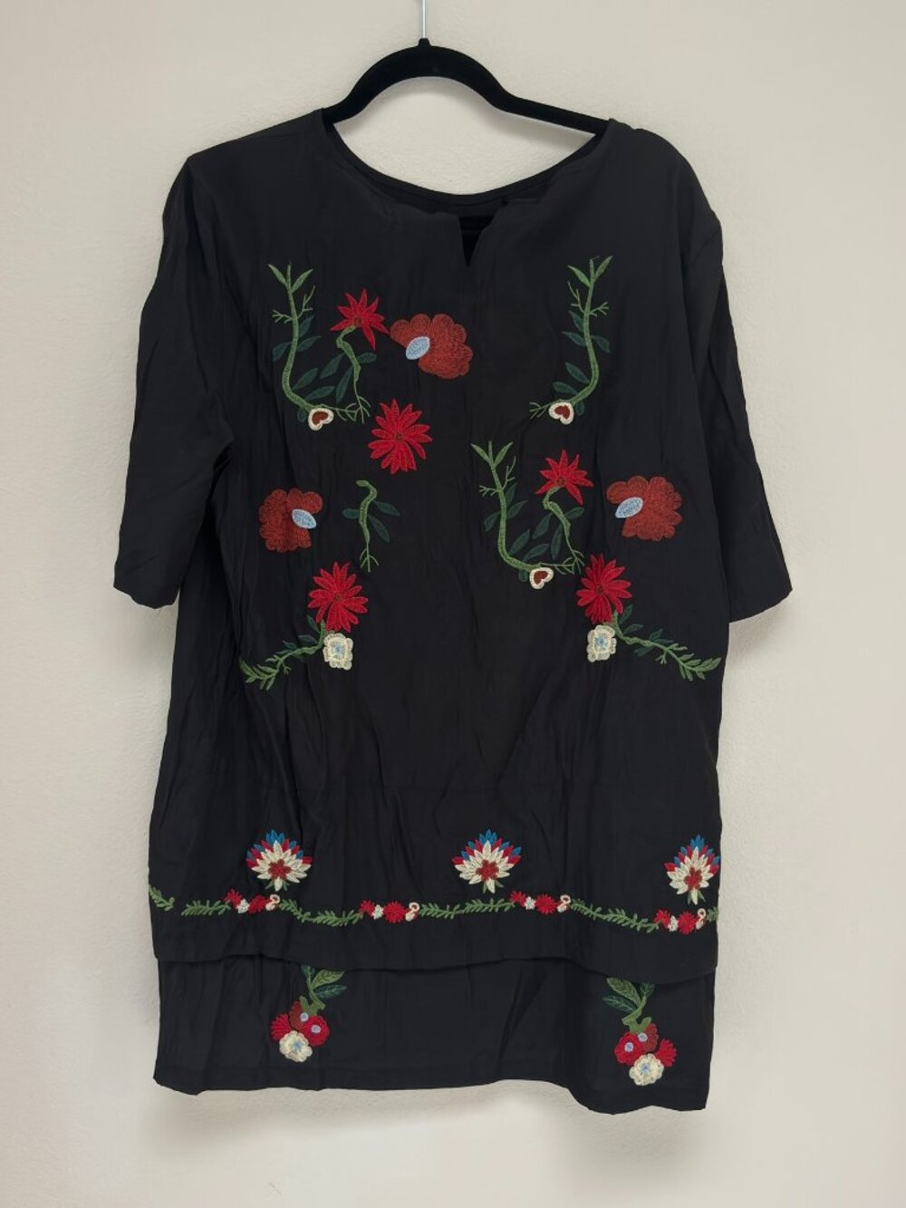 Runway Black Embroidered Bird Floral Folk Tunic Dress Boho L - Picture 1 of 5